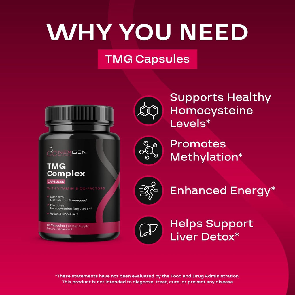 TMG Trimethylglycine con Complejo B Metilado - Suplemento de Betaina 500mg con Vitaminas B Metiladas para Apoyo a la Metilación - Vegano y No-GMO (1 Mes)