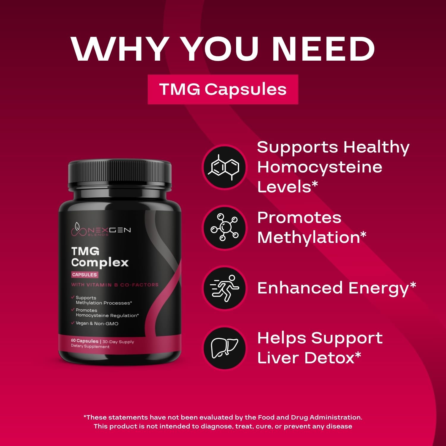 TMG Trimethylglycine con Complejo B Metilado - Suplemento de Betaina 500mg con Vitaminas B Metiladas para Apoyo a la Metilación - Vegano y No-GMO (1 Mes)