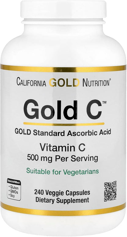 California Gold Nutrition Vitamina C, Quali-C, 500 mg, 240 Cápsulas Vegetales – Image 1