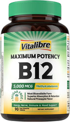 Vitalibre Vitamina B12 Sublingual 5000 mcg Metilcobalamina - 120 Comprimidos de Disolución Rápida Sabor Melocotón