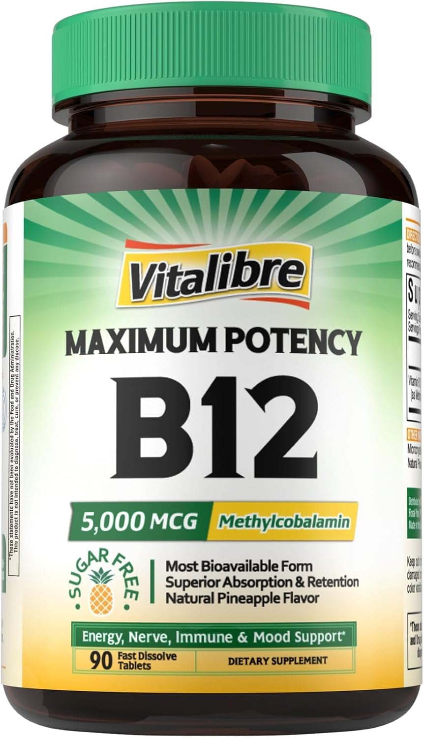 Vitalibre Vitamina B12 Sublingual 5000 mcg Metilcobalamina - 120 Comprimidos de Disolución Rápida Sabor Melocotón