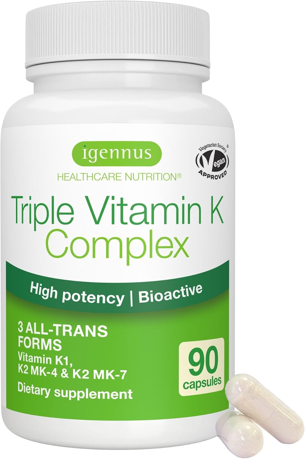 Igennus Complejo de Vitamina K de Alta Potencia, K1 y K2 (MK-4 y MK-7), 90 Cápsulas
