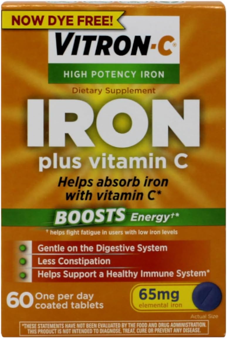 Vitron-C High Potency Iron Supplement with Vitamin C, 65 mg Elemental Iron, 60 Coated Tablets