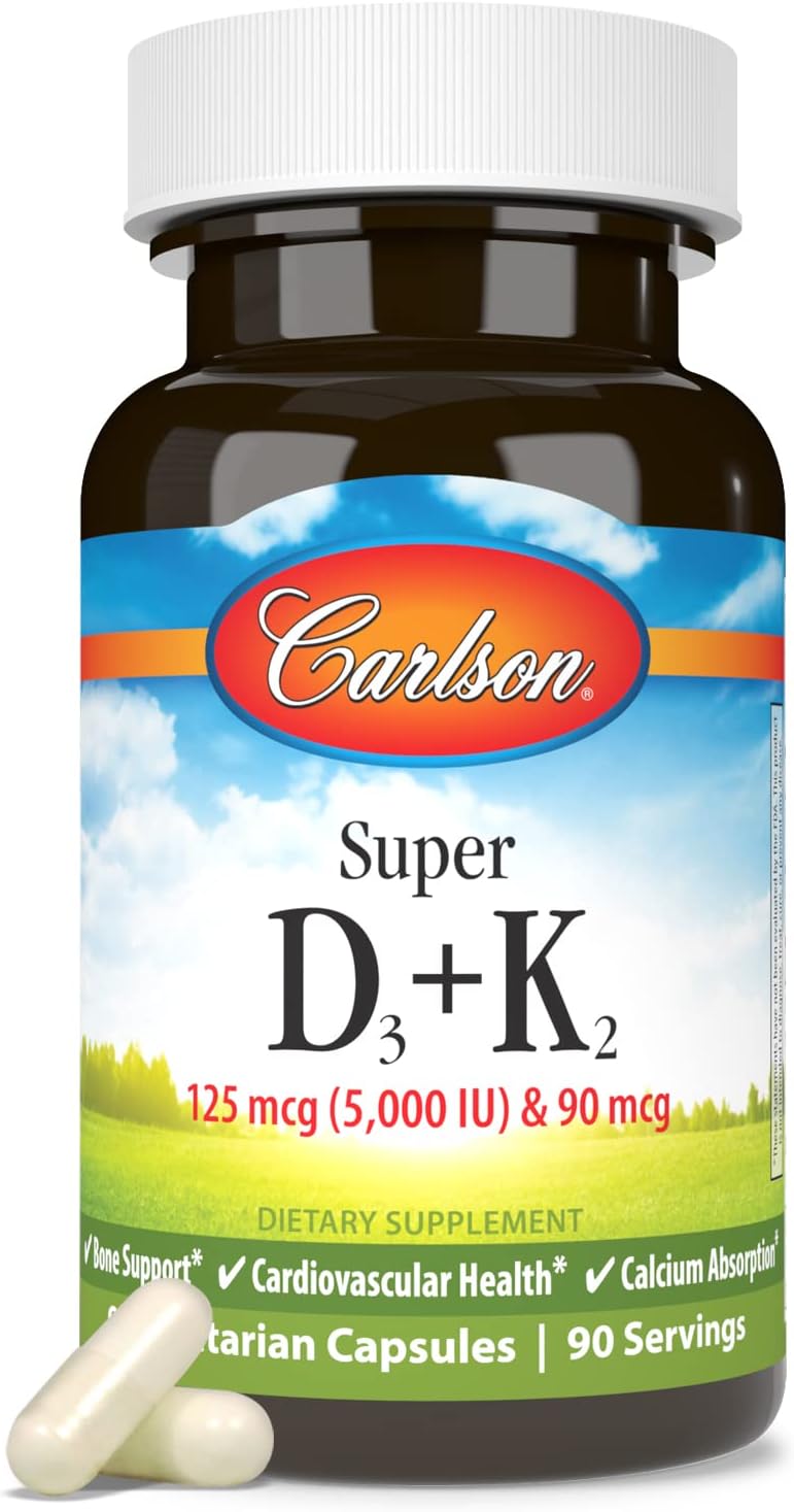 Carlson Super D3 + K2 - 5000 UI Vitamina D3 y 90 mcg Vitamina K2 MK-7 - 90 Cápsulas Vegetarianas