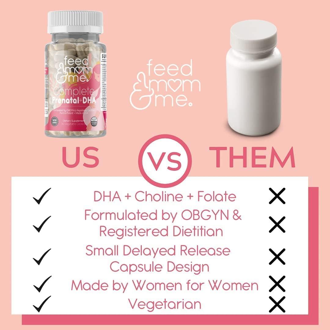 Feed Mom & Me Vitamina Prenatal + DHA, 22 Vitaminas y Minerales para el Apoyo Nutricional de la Madre y el Bebé - 30 Días