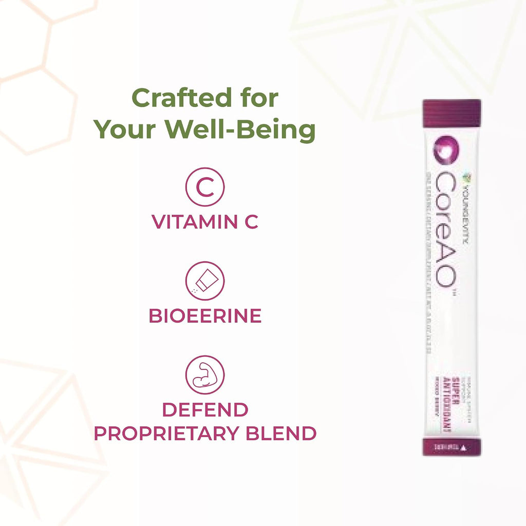 Youngevity CoreAO Stiks – Suplemento antioxidante con superalimentos, vitamina C, D3 y zinc, sabor a bayas, 30 sticks