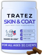 TRATEZ Suplemento para la Piel y Pelaje de Perros - Omega 3 6 9 Aceite de Pescado y Vitamina E Masticables Blandos - Alivio del Picor, Anti-Caída y Apoyo para Pelaje Brillante - 90 Unidades