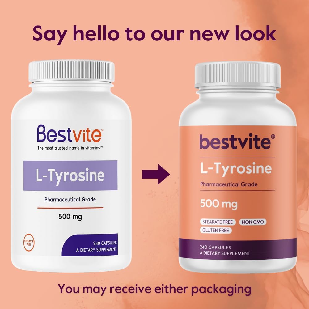 BESTVITE L-Tirosina 500mg (240 Cápsulas) - Sin Estearatos - No Transgénico - Sin Gluten
