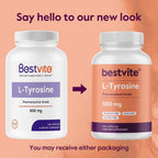 BESTVITE L-Tirosina 500mg (240 Cápsulas) - Sin Estearatos - No Transgénico - Sin Gluten