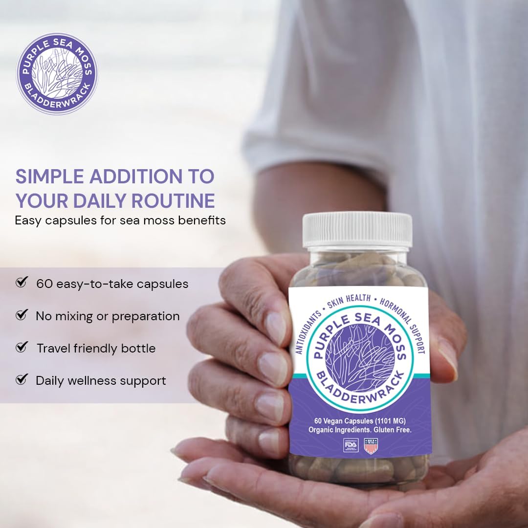 Cápsulas de Musgo Marino Púrpura y Bladderwrack | 2202mg Perfil Nutricional Completo - Mezcla de Algas Silvestres para el Bienestar Diario – 60 Cápsulas