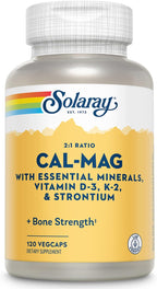 Solaray Cal-Mag con Minerales Trazas – Calcio, Magnesio, Estroncio, Vitaminas D-3 y K-2 – 120 Cápsulas Veganas