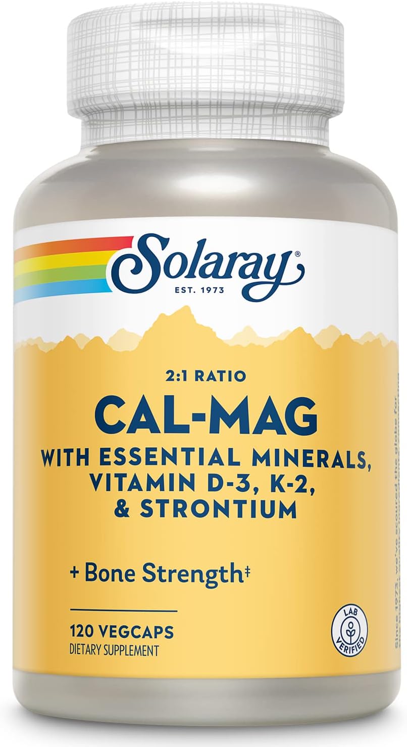 Solaray Cal-Mag con Minerales Trazas – Calcio, Magnesio, Estroncio, Vitaminas D-3 y K-2 – 120 Cápsulas Veganas