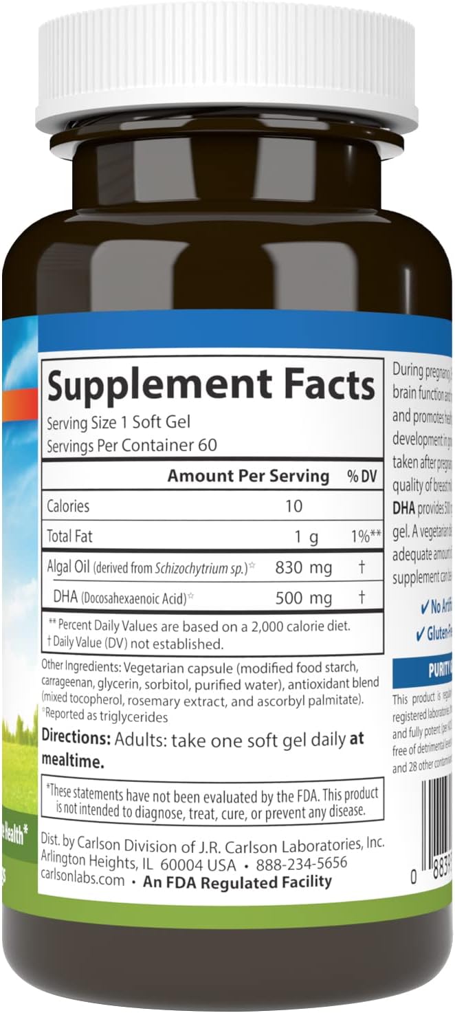 Carlson - DHA Prenatal Vegetariano, 500 mg DHA, De Origen Vegetal, Sostenible, 60 Cápsulas Blandas