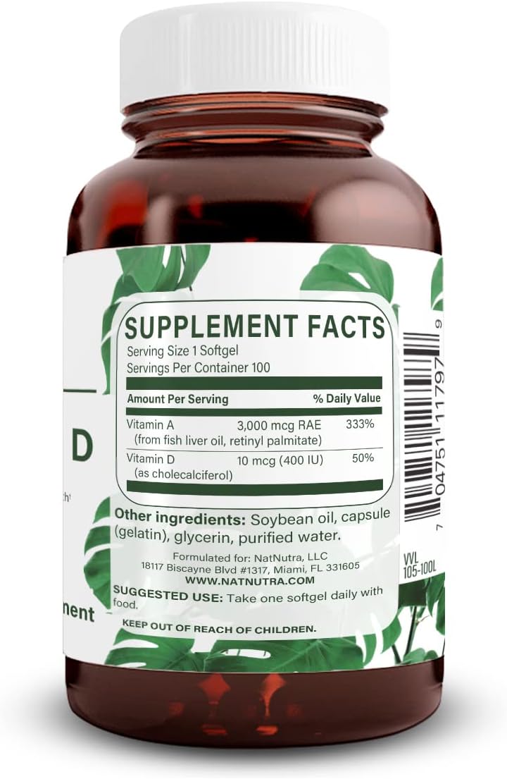 Natural Nutra Vitamina A y D, 100 Cápsulas Blandas
