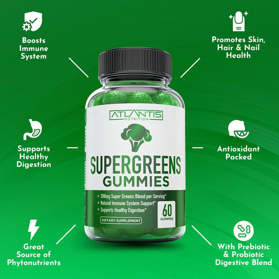 Supergreens Gummies - Complemento Diario de Superalimentos Verdes con Espinacas, Brócoli, Moringa, Remolacha, Apio, Té Verde y Acai - Sabor Frambuesa Natural, 60 Gominolas