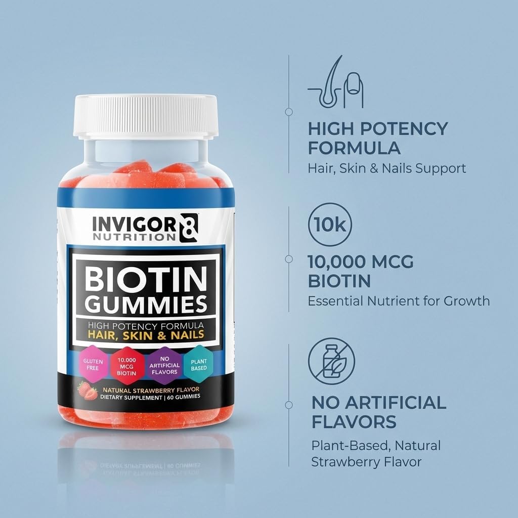 INVIGOR8 Biotin Gummies 10000mcg - Gominolas de Biotina para Cabello, Piel y Uñas - 60 Gominolas de Fresa - Vegano, Kosher, Halal