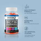 INVIGOR8 Biotin Gummies 10000mcg - Gominolas de Biotina para Cabello, Piel y Uñas - 60 Gominolas de Fresa - Vegano, Kosher, Halal