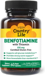 Country Life Benfotiamine with Thiamine, Nerve Health Support, 150mg, 60 Vegetarian Capsules, Certified Gluten-Free, Vegan