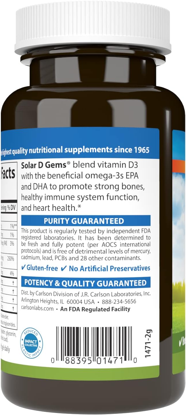 Carlson Labs Solar D Gems Vitamina D3 Natural 2000 UI – 120 Cápsulas Blandas