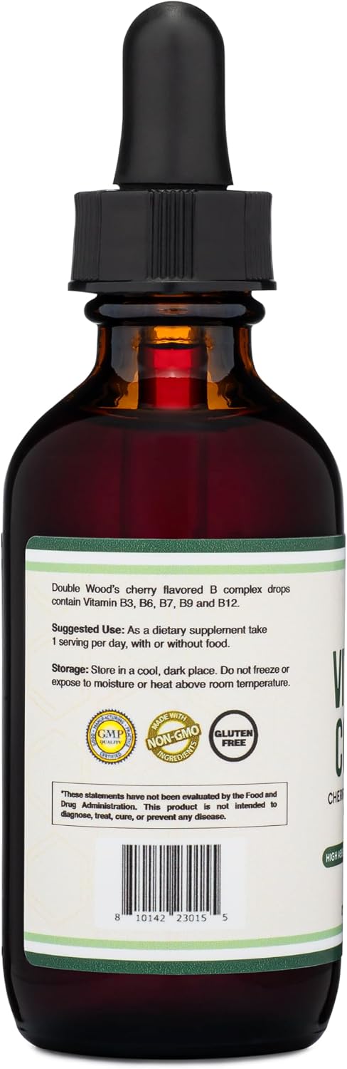 Double Wood Supplements Complejo B Líquido - 2 Meses de Suministro - Máxima Absorción - B3, B6, B7 (Biotina), B9 y Vitamina B12 - Sabor Cereza - 60 ml