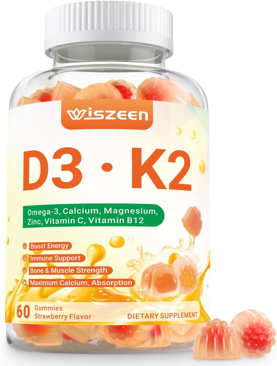Wiszeen Vitamin D3 K2 Gummies, Sin Azúcar, con Omega 3, Calcio y Magnesio