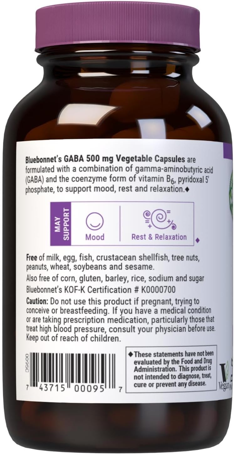 BlueBonnet Nutrition GABA 500mg con Vitamina B6 (P5P) - 60 Cápsulas Vegetales