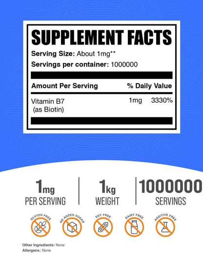BulkSupplements.com Polvo de Biotina Pura - – La biotina contribuye al funcionamiento normal del sistema nervioso. – Image 2