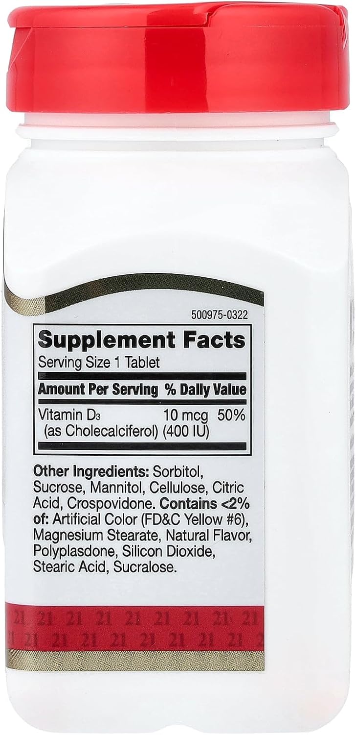 21st Century Vitamina D3 Masticable, 10 mcg (400 UI), 110 tabletas con sabor a naranja