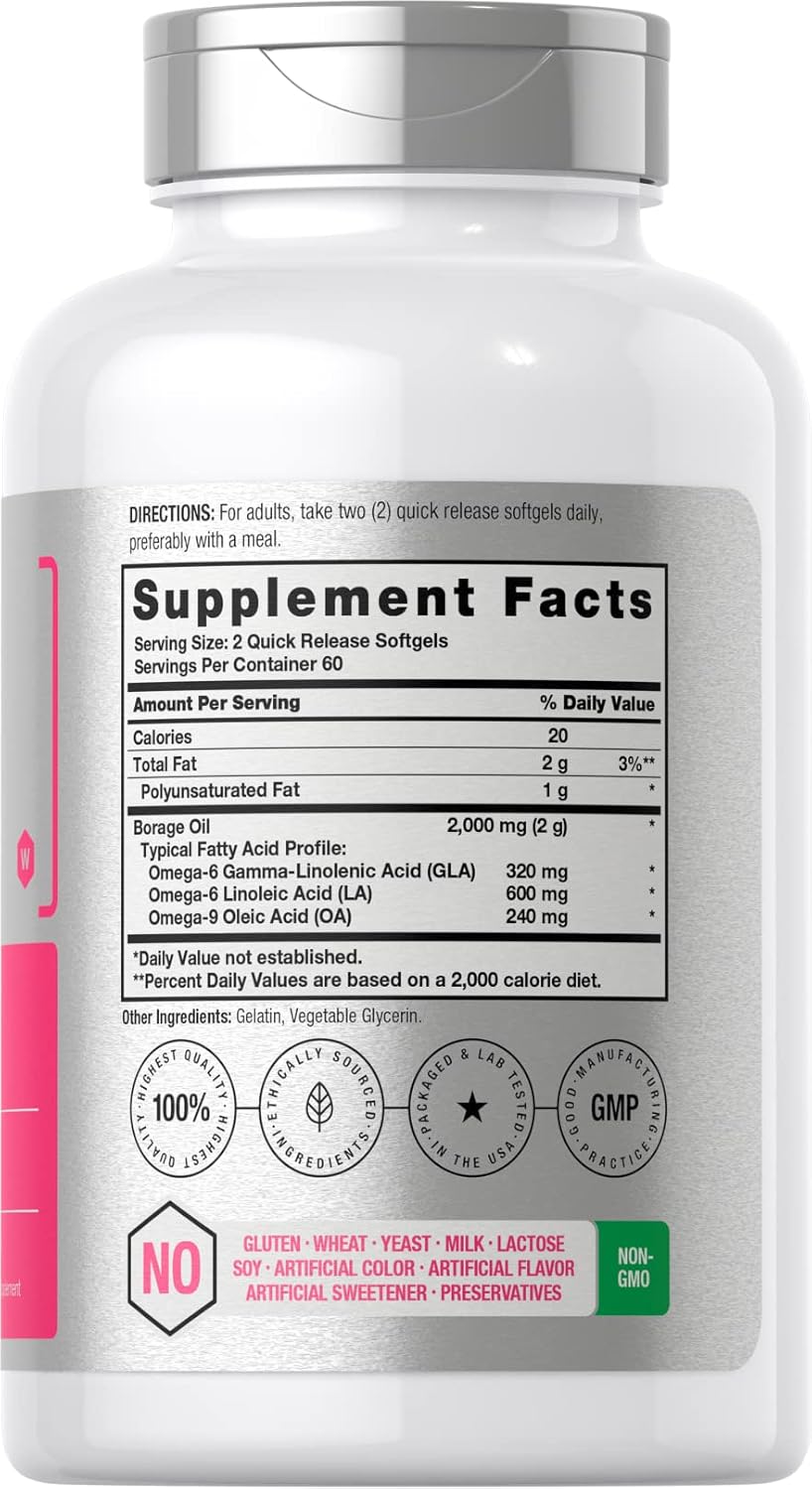 Aceite de Borraja 2000 mg | 120 Cápsulas Blandas | 320 mg de GLA | Horbäach