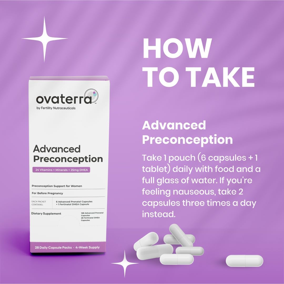 Ovaterra Advanced Preconception Vitamins con DHEA 25mg, Colina 550mg, Folato (Metilfolato) 1010mcg, Omega-3 DHA y EPA - 196 Cápsulas (Suministro para 28 Días)