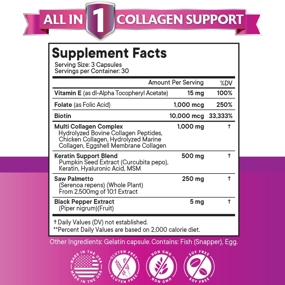 NEW AGE Colágeno con Biotina, Queratina, Saw Palmetto, Ácido Hialurónico, Vitamina E, Ácido Fólico, Semilla de Calabaza y MSM - 270 Cápsulas