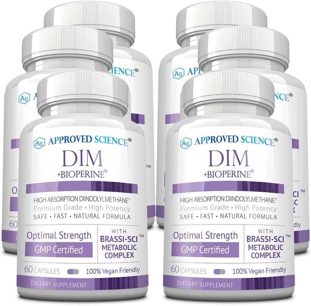 Approved Science DIM - Apoyo al Metabolismo de Estrógenos - DIM, Brócoli, Mostaza, Calcio, BioPerine - Vegano - 6 Botellas - 360 Cápsulas