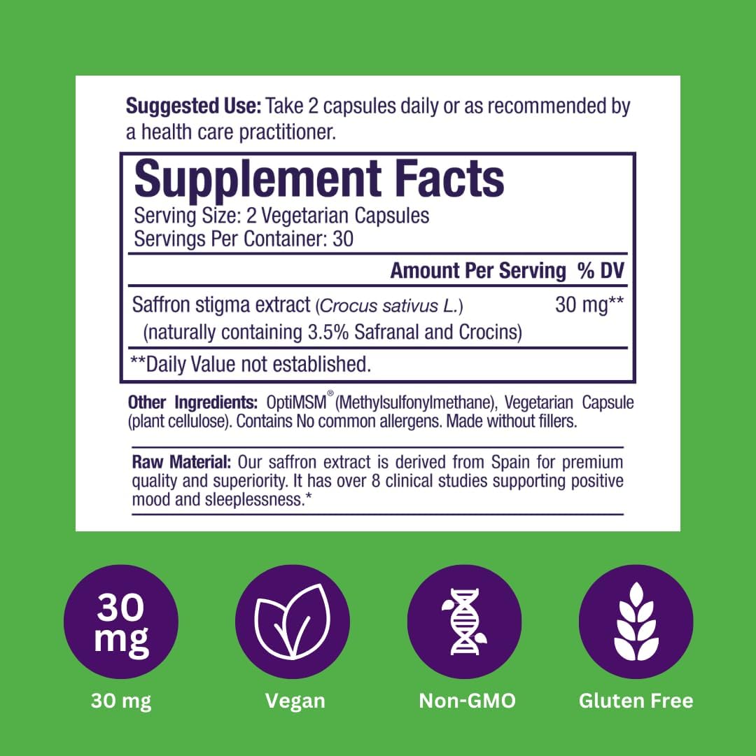 Paradise Herbs Saffr-Tone, Saffron Extract, Active Whole Spectrum, 60 Vegetarian Capsules