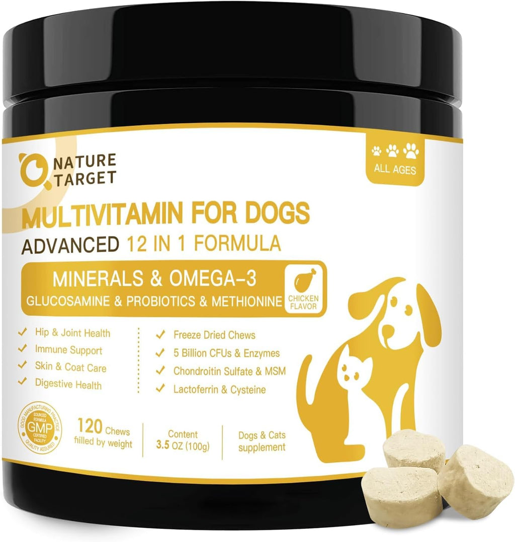 NATURE TARGET Multivitamínico para Perros, 12 en 1, Liofilizado, Sabor Pollo - 120 Unidades