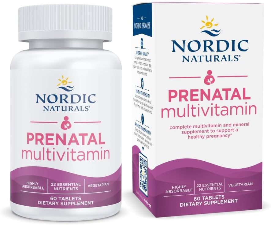 Nordic Naturals Prenatal Multivitamin - Multivitamínico prenatal vegetariano - 22 nutrientes esenciales, incluyendo B6, folato y hierro - 60 comprimidos - 30 dosis