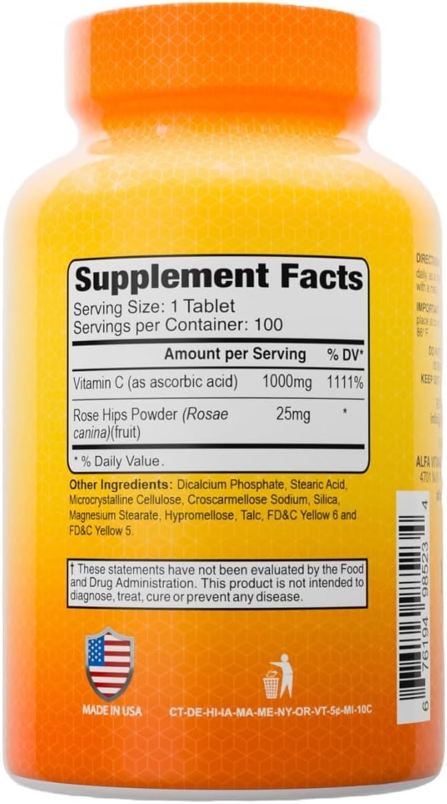 ALFA VITAMINS Vitamina C con Rosa Mosqueta - 1000 mg por dosis - Apoyo Inmunológico y Antioxidante - 100 Comprimidos - No GMO, Vegano, Sin Gluten