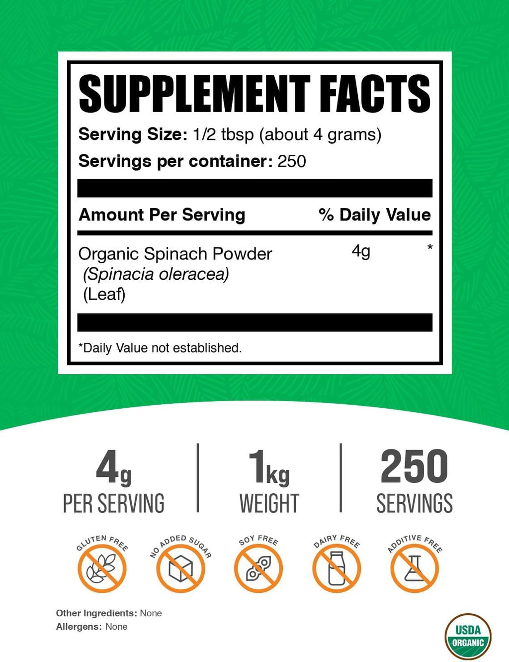 Polvo de Espinaca Orgánica - Superalimento Verde, Vegano y Sin Gluten - 4g por ración, 1 kg (2.2 lbs)