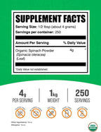 Polvo de Espinaca Orgánica - Superalimento Verde, Vegano y Sin Gluten - 4g por ración, 1 kg (2.2 lbs)