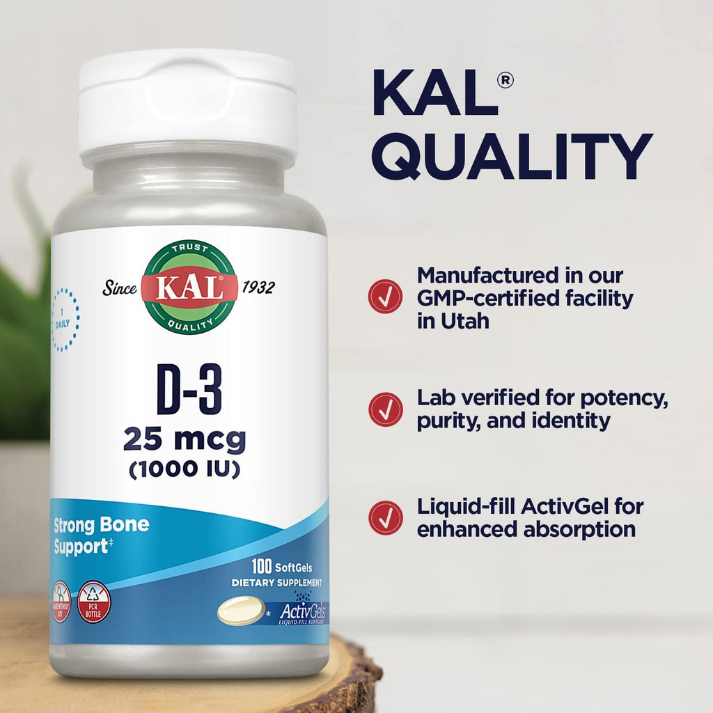 KAL Vitamina D3 1000 UI (25 mcg) – 100 Cápsulas Blandas