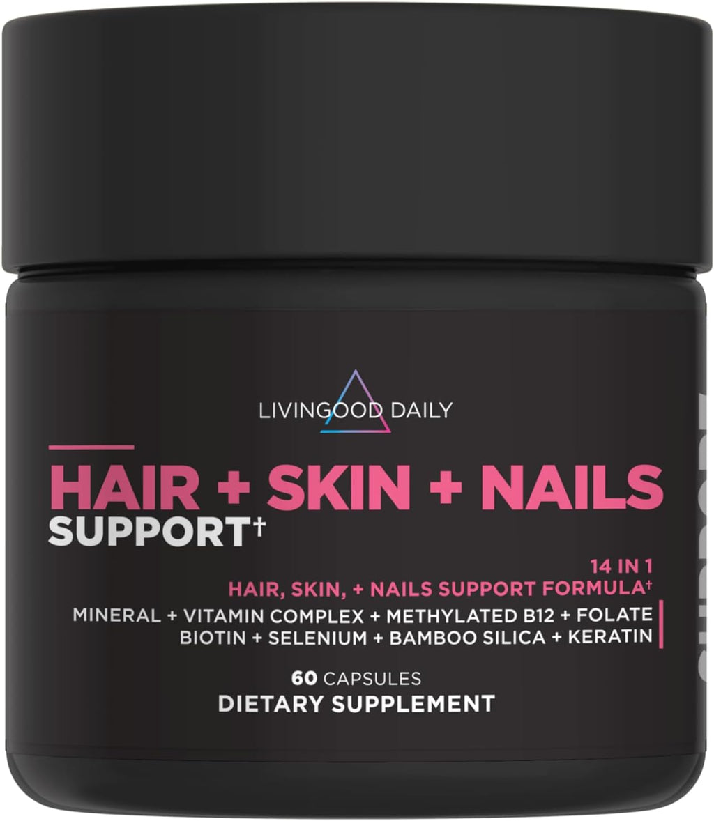 Livingood Daily Hair, Skin & Nails - Suplemento 14 en 1 para Cabello, Piel y Uñas, con Biotina, Colágeno y Queratina, 60 Cápsulas