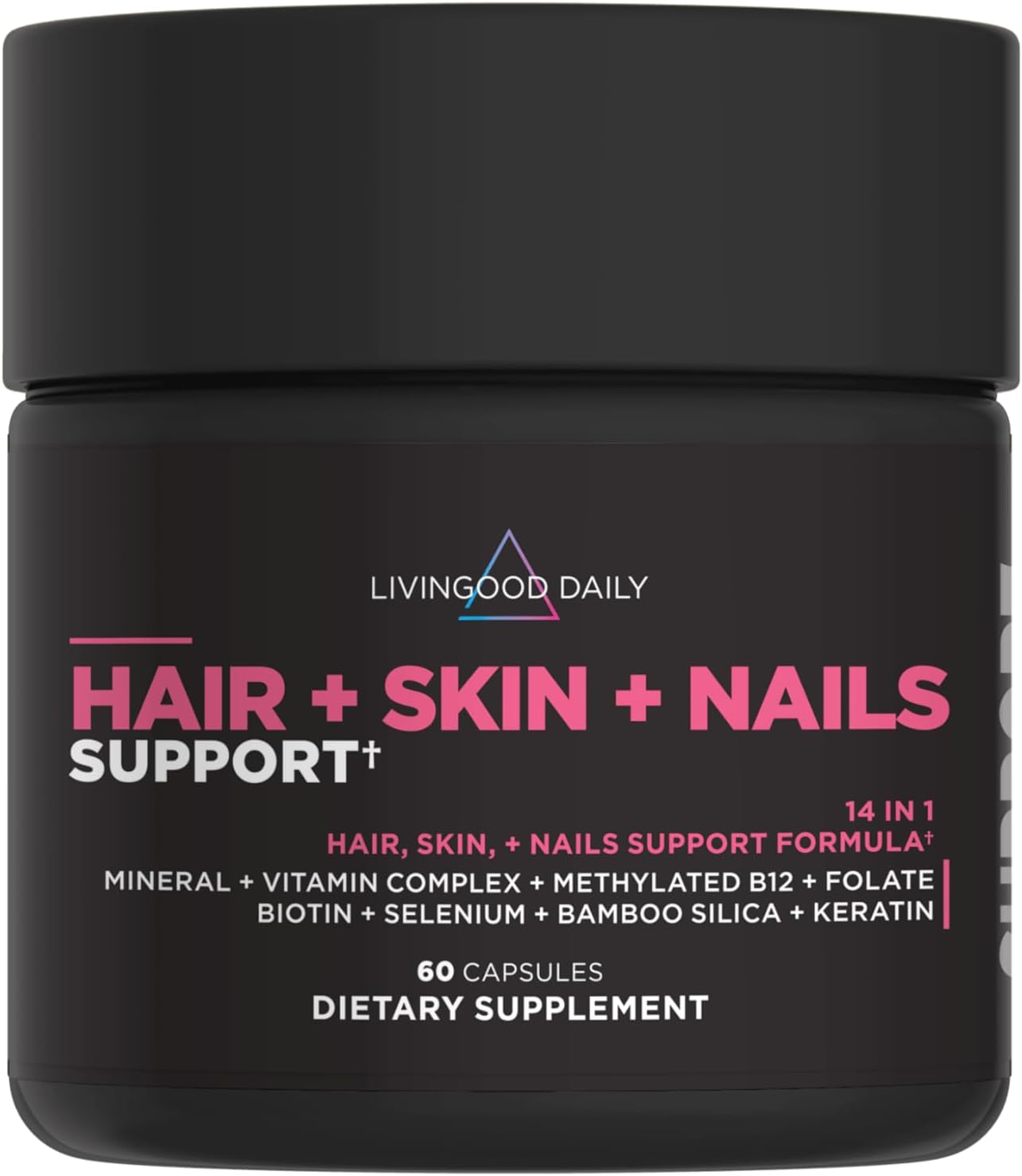 Livingood Daily Hair, Skin & Nails - Suplemento 14 en 1 para Cabello, Piel y Uñas, con Biotina, Colágeno y Queratina, 60 Cápsulas