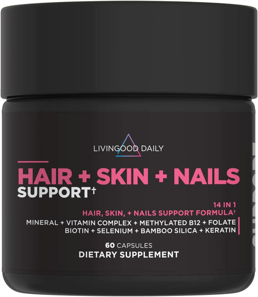 Livingood Daily Hair, Skin & Nails - Suplemento 14 en 1 para Cabello, Piel y Uñas, con Biotina, Colágeno y Queratina, 60 Cápsulas