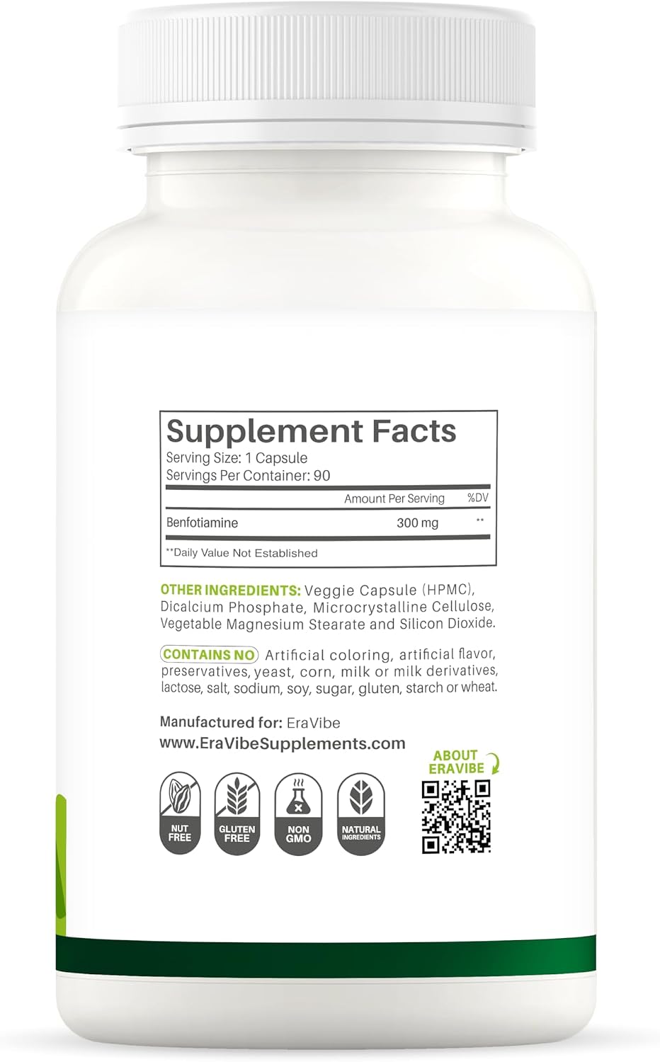 Benfotiamina 300 mg Cápsulas Vegetales – 90 Cápsulas – Sin Gluten, No GMO – ERAVIBE