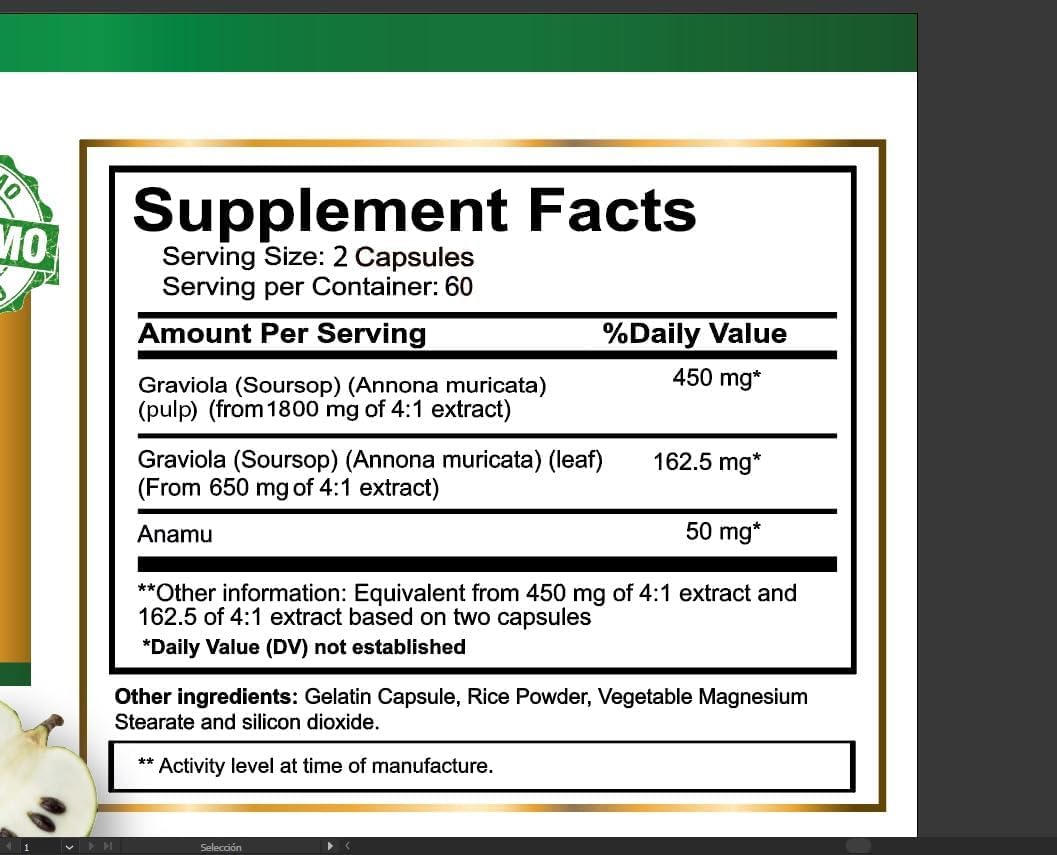 Graviola Soursop, Suplemento Natural Extracto de Hoja y Fruto 120 Cápsulas
