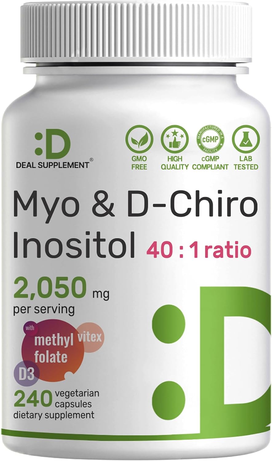 Myo-Inositol & D-Chiro Inositol 40:1 | 2,050mg por ración | 240 Cápsulas Veganas con Folato, Vitamina D3 y Vitex