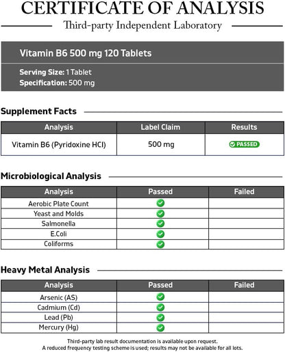 Vitamatic Vitamina B6 (Piridoxina HCl), 500 mg – 120 Comprimidos Vegetarianos – Image 3