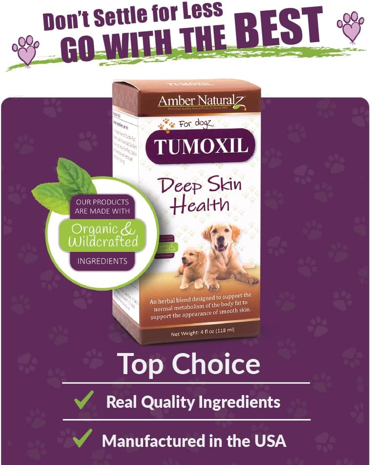 Amber NaturalZ Tumoxil Suplemento Herbal para la Salud Profunda de la Piel para Perros y Cachorros | Suplemento Canino para Apoyo a la Piel y el Metabolismo | Botella de Vidrio de 118 ml