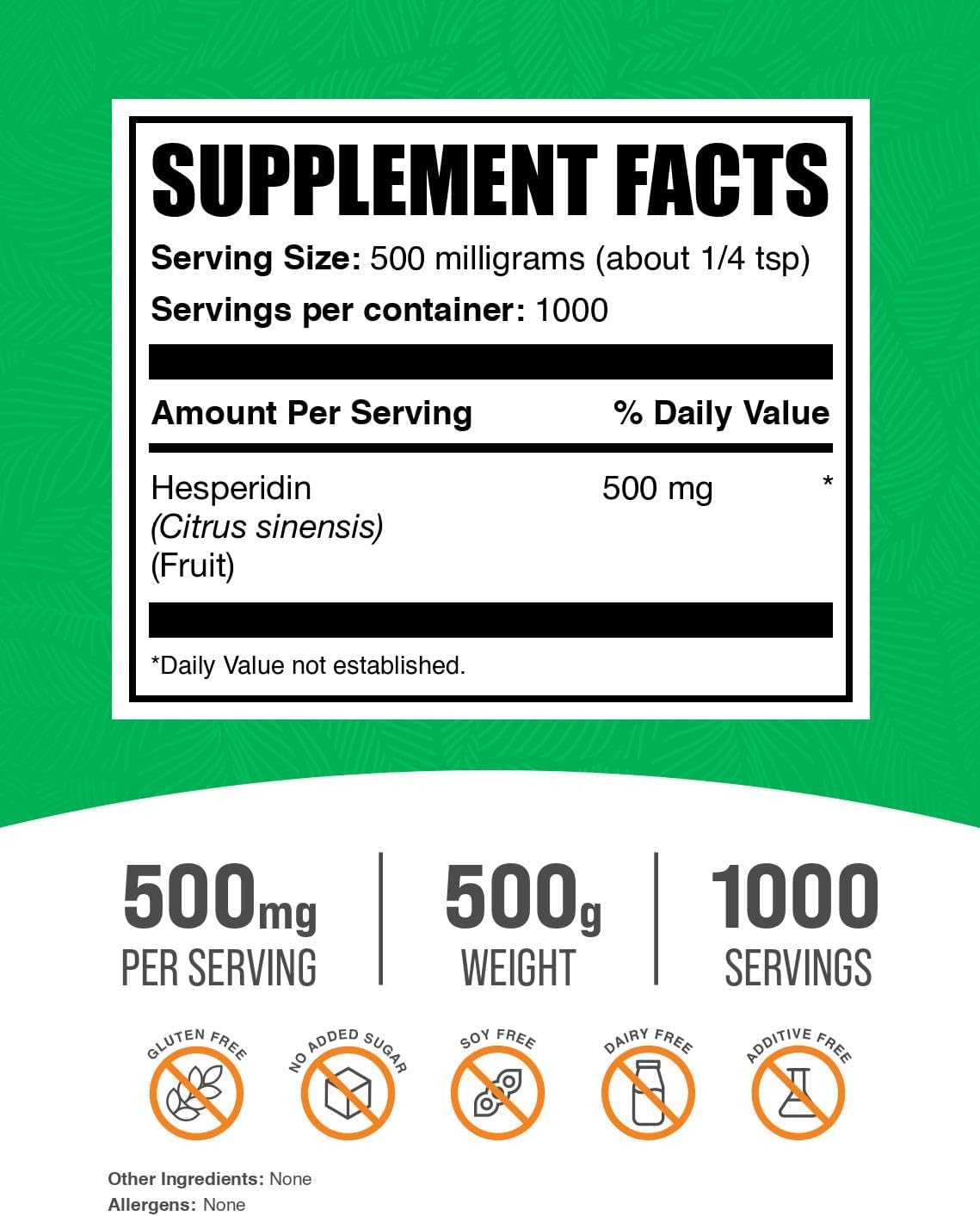 Hesperidina en Polvo - Suplemento de Hesperidina 500mg - 500g - Vegano y Sin Gluten