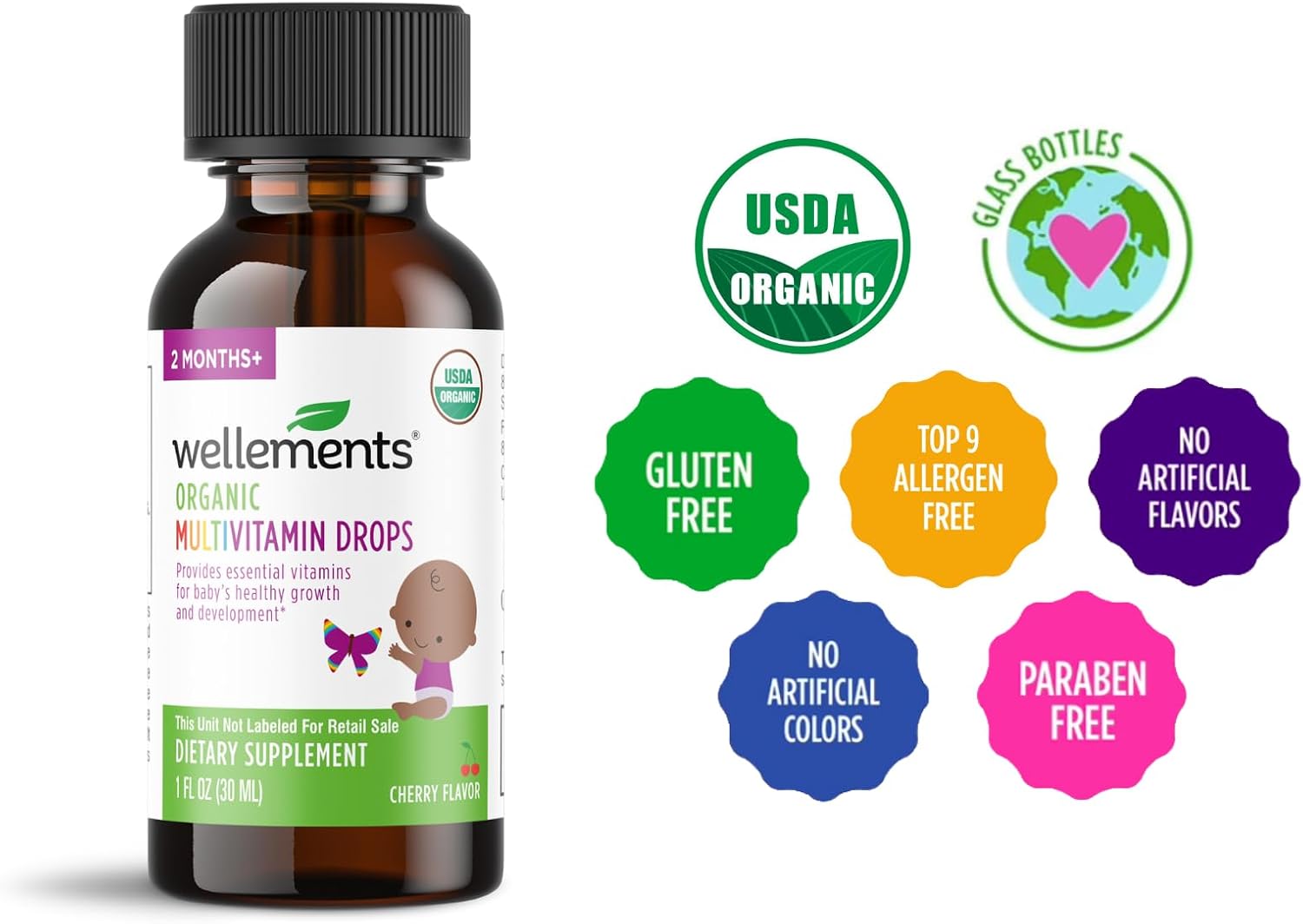 Wellements Organic Baby Multivitamin Drops - Gotas Multivitamínicas Orgánicas para Bebés y Niños Pequeños (30 ml) - Sabor Cereza