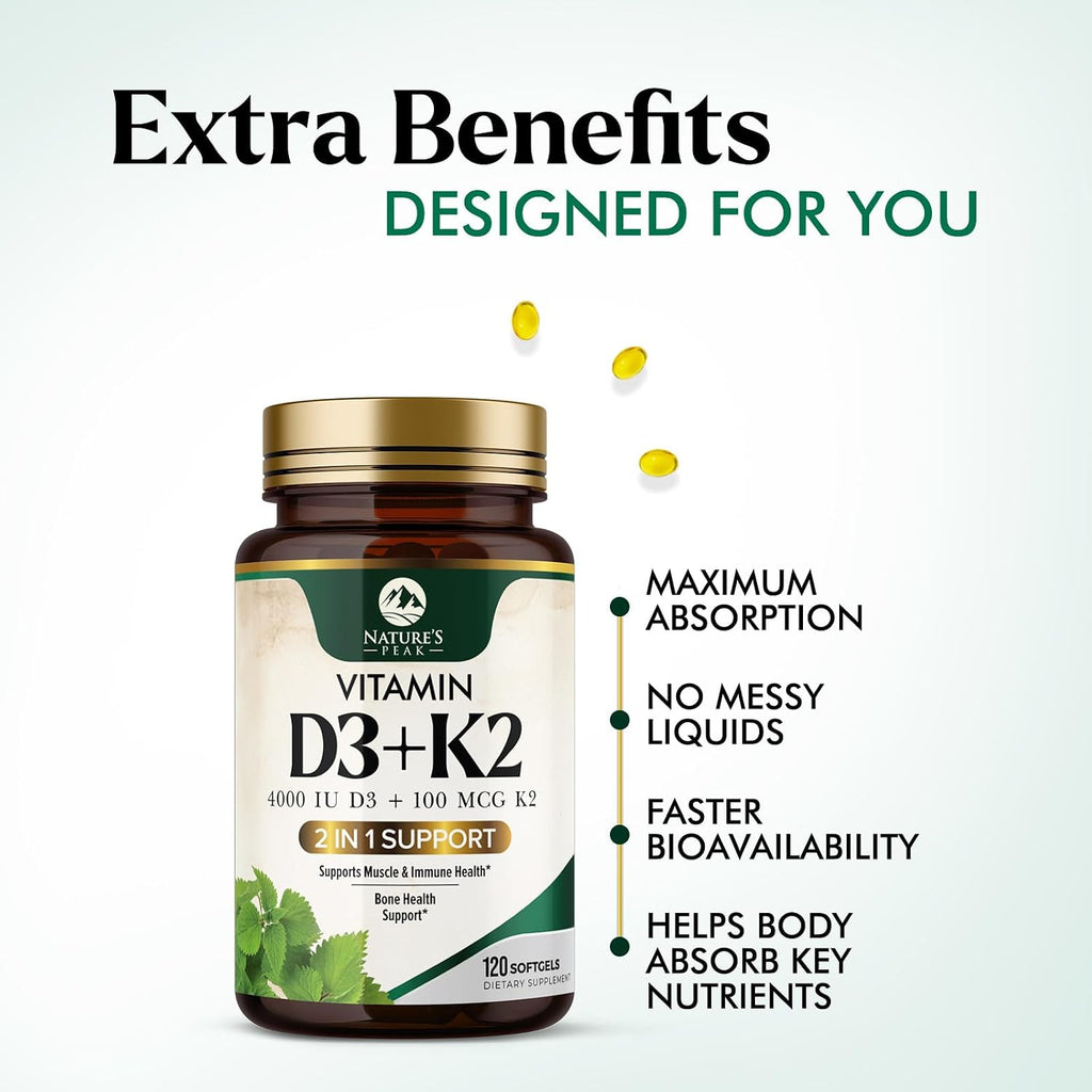 Vitamina D3 K2 - Complejo 2 en 1 de Vitamina D y K2 (MK-7) - 4000 UI por Cápsula Blanda - Sin Gluten - 120 Cápsulas Blandas